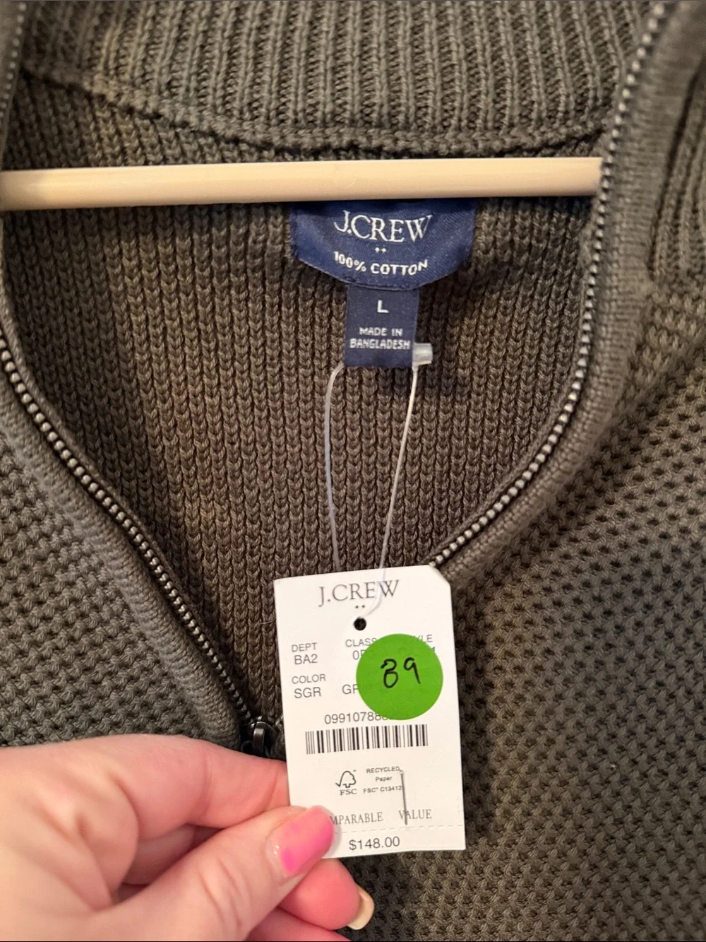 J. Crew Men’s Olive Green Half-Zip Knit Sweater